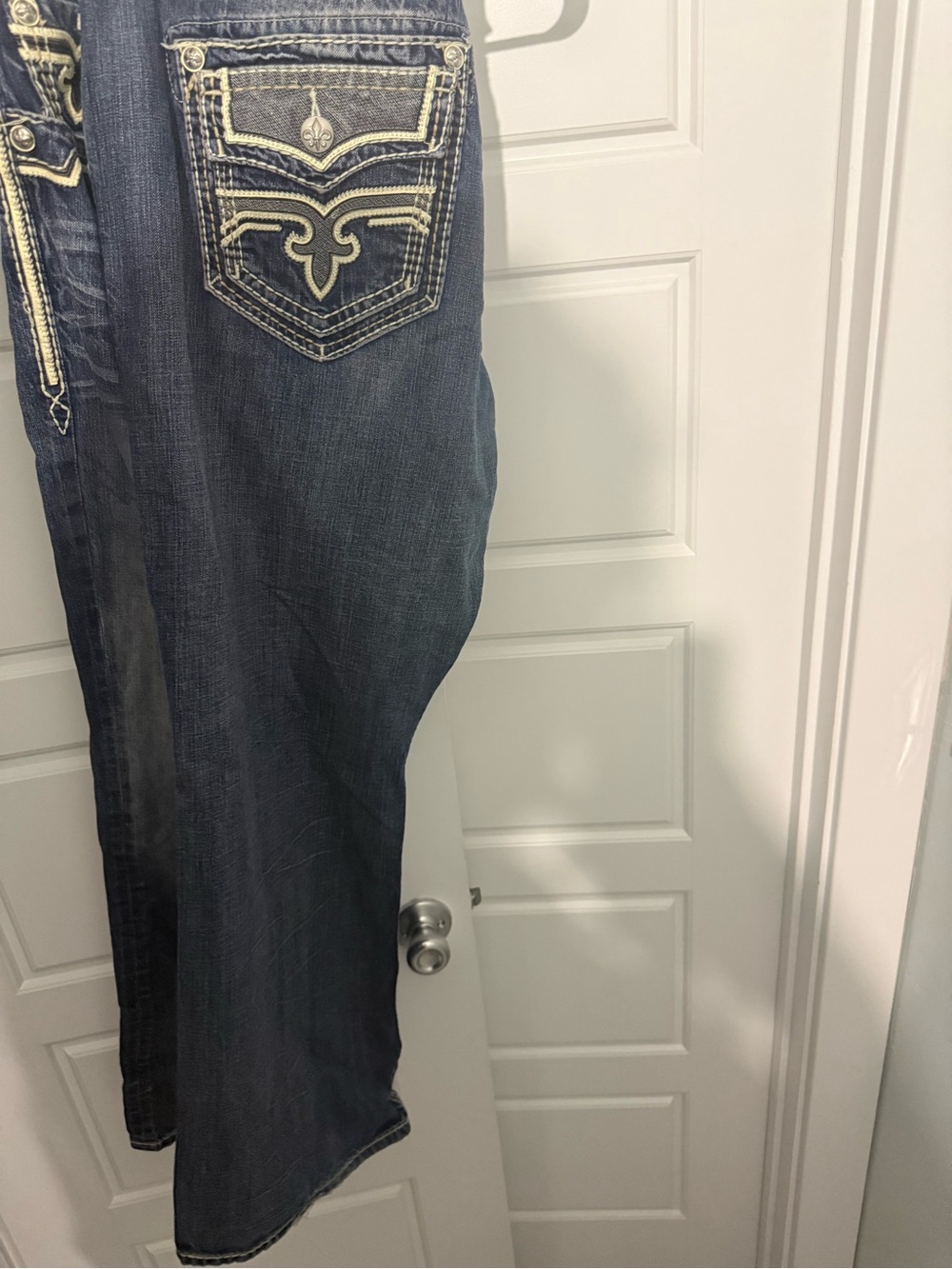 Rock Revival Men's Relaxed Dark Blue Jeans with Embroidered Back Pockets